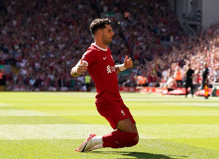 Dominik Szoboszlai pictured celebrating after scoring the first goal of his Liverpool career during an EPL game against Aston Villa at Anfield in September 2023